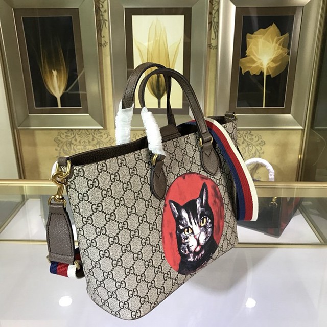 Gucci女包 473887 古馳Gucci貓咪印花購物袋 Gucci手提包  gqy1198